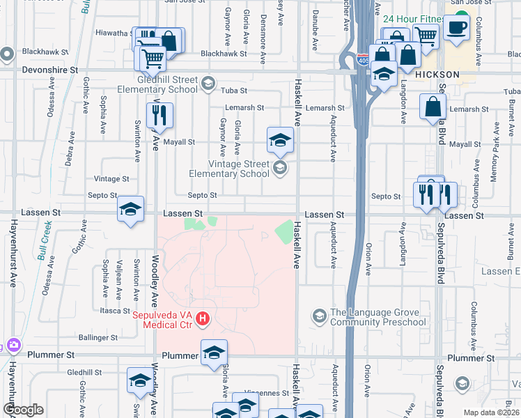 map of restaurants, bars, coffee shops, grocery stores, and more near 15901 Lassen Street in Los Angeles
