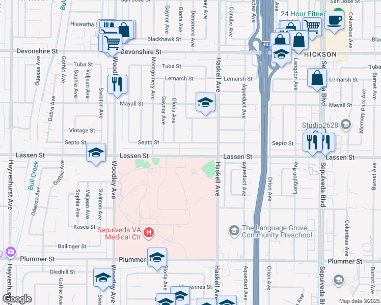 map of restaurants, bars, coffee shops, grocery stores, and more near 15901 Lassen Street in Los Angeles