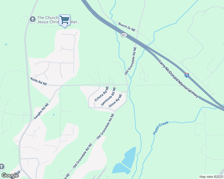 map of restaurants, bars, coffee shops, grocery stores, and more near 90 Keith Road Northeast in Cartersville