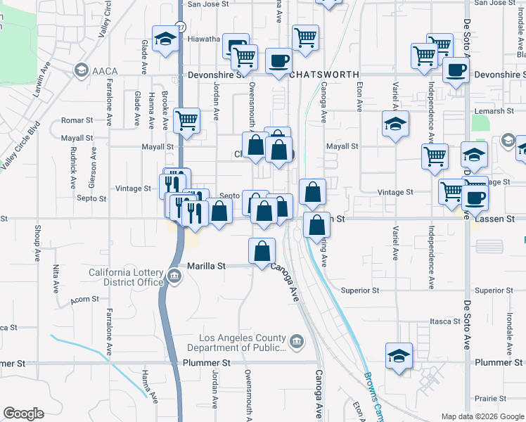 map of restaurants, bars, coffee shops, grocery stores, and more near 9906 Owensmouth Avenue in Los Angeles