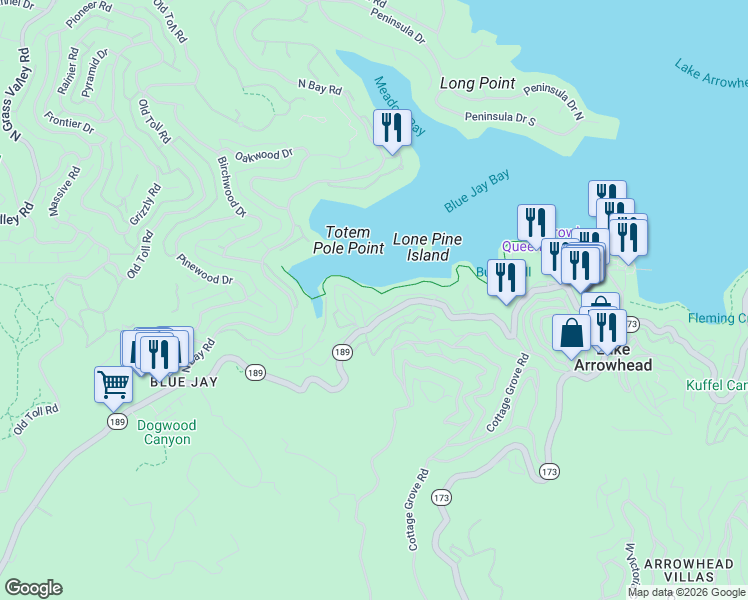 map of restaurants, bars, coffee shops, grocery stores, and more near 197 Rocky Point Road in Lake Arrowhead