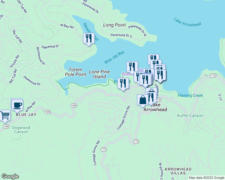 map of restaurants, bars, coffee shops, grocery stores, and more near 190 Cedar Circle in Lake Arrowhead
