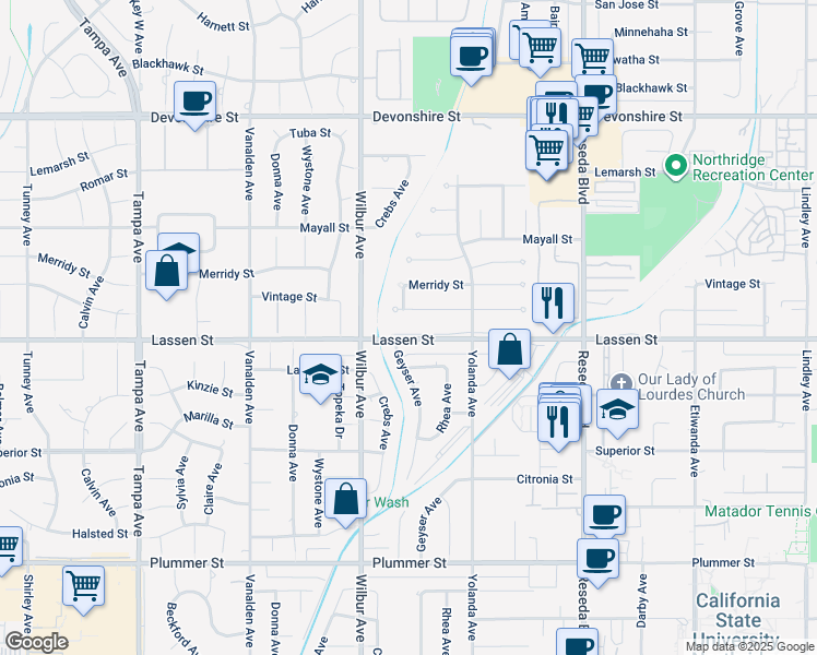 map of restaurants, bars, coffee shops, grocery stores, and more near 18801 West Lassen Street in Los Angeles