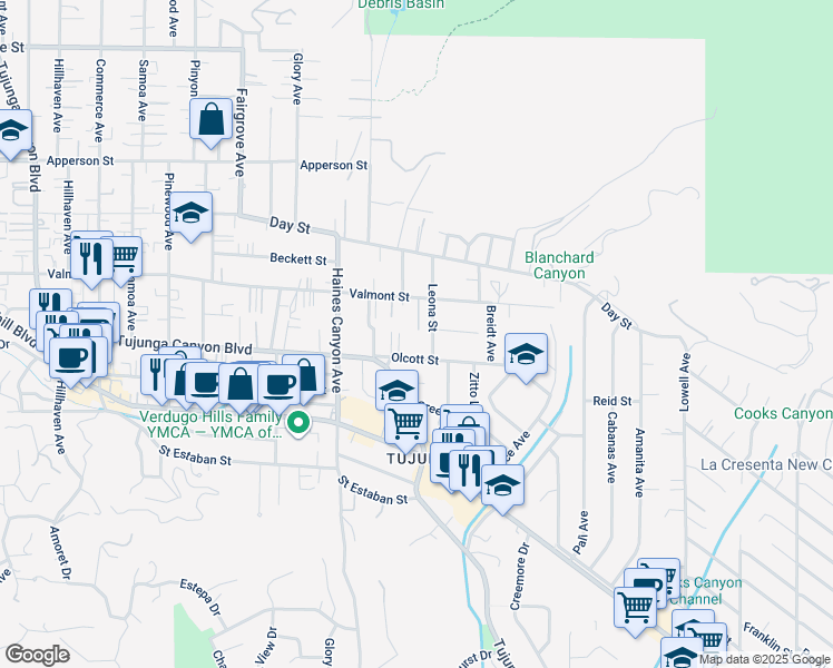 map of restaurants, bars, coffee shops, grocery stores, and more near 6616 Valmont Street in Los Angeles