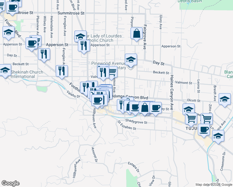 map of restaurants, bars, coffee shops, grocery stores, and more near 10117 West Amber Court in Los Angeles