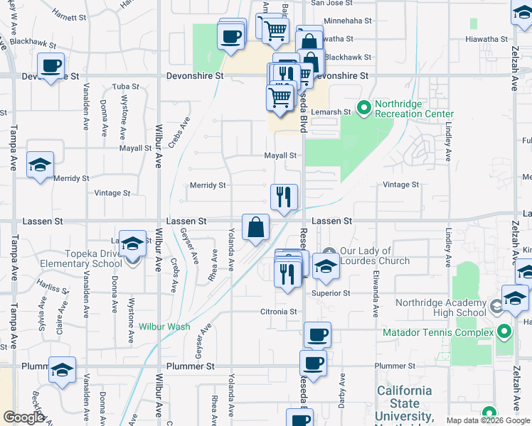 map of restaurants, bars, coffee shops, grocery stores, and more near 18617 Vintage Street in Los Angeles