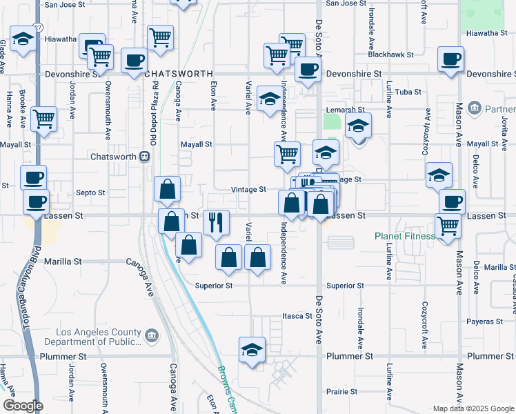 map of restaurants, bars, coffee shops, grocery stores, and more near 21100 Vintage Street in Los Angeles