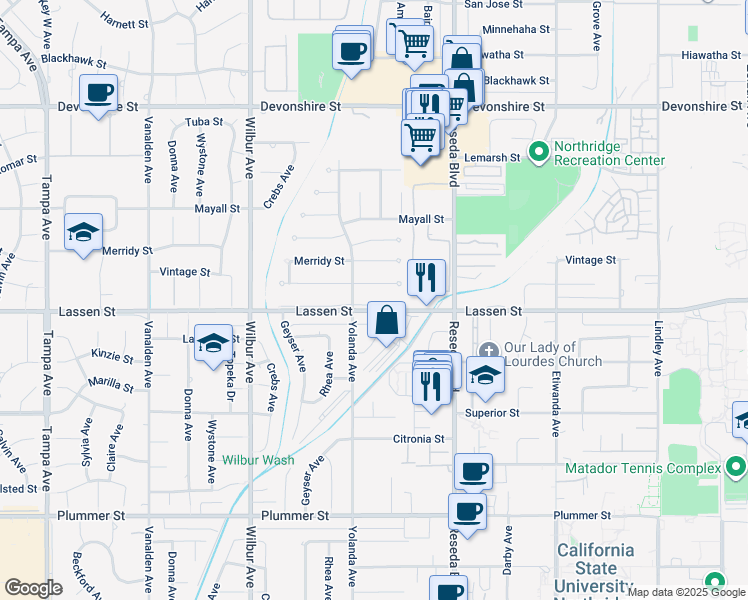 map of restaurants, bars, coffee shops, grocery stores, and more near 18637 Lassen Street in Los Angeles