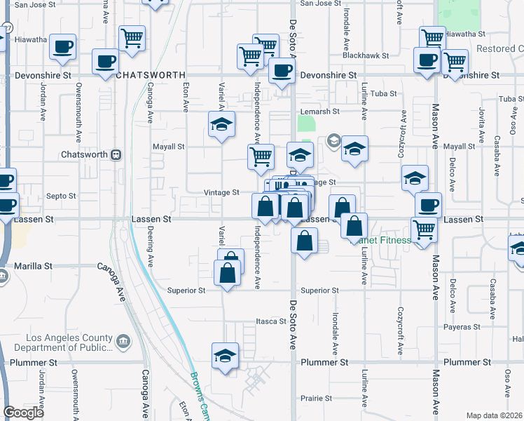 map of restaurants, bars, coffee shops, grocery stores, and more near 20949 Lassen Street in Los Angeles