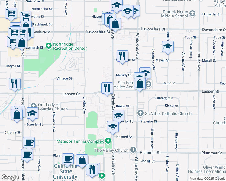 map of restaurants, bars, coffee shops, grocery stores, and more near Lassen St & Zelzah Ave in Los Angeles