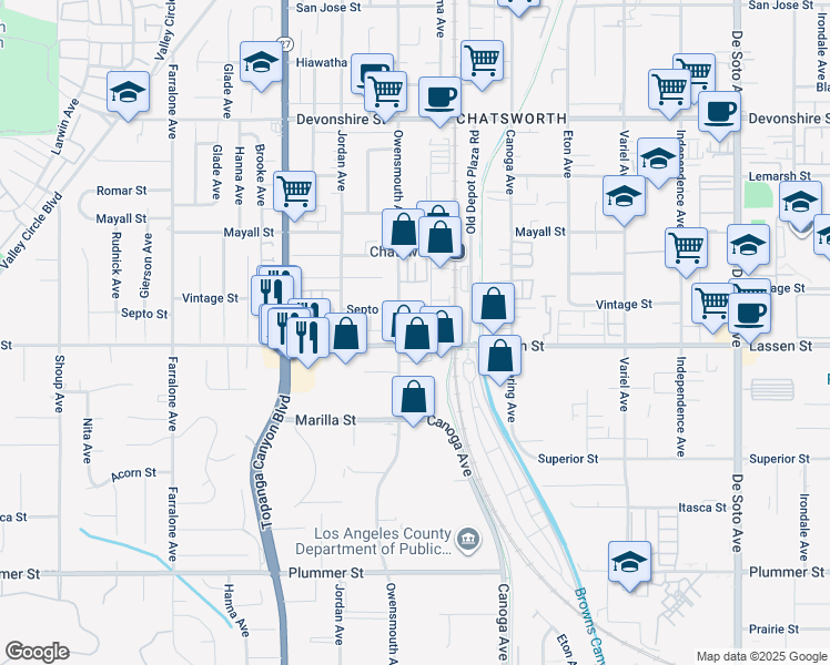 map of restaurants, bars, coffee shops, grocery stores, and more near 9906 Owensmouth Avenue in Los Angeles