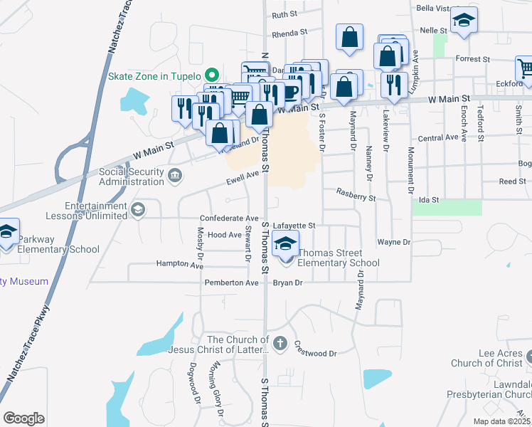 map of restaurants, bars, coffee shops, grocery stores, and more near 520 South Thomas Street in Tupelo