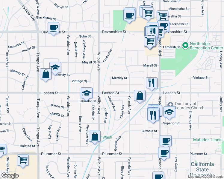 map of restaurants, bars, coffee shops, grocery stores, and more near 18801 West Lassen Street in Los Angeles