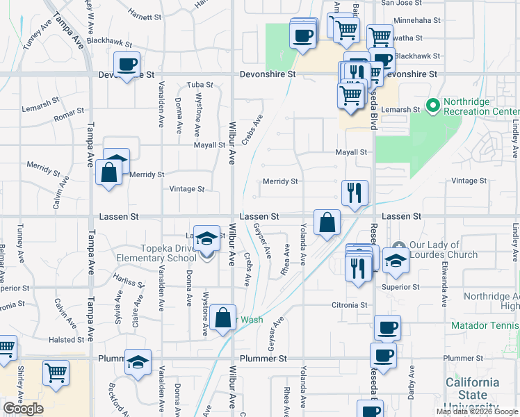 map of restaurants, bars, coffee shops, grocery stores, and more near 18807 Lassen Street in Los Angeles