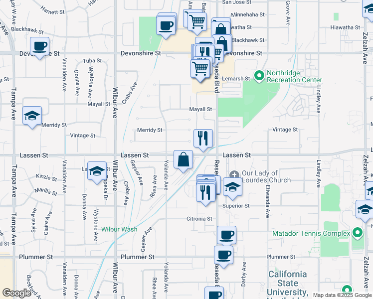 map of restaurants, bars, coffee shops, grocery stores, and more near 18611 West Lassen Street in Los Angeles