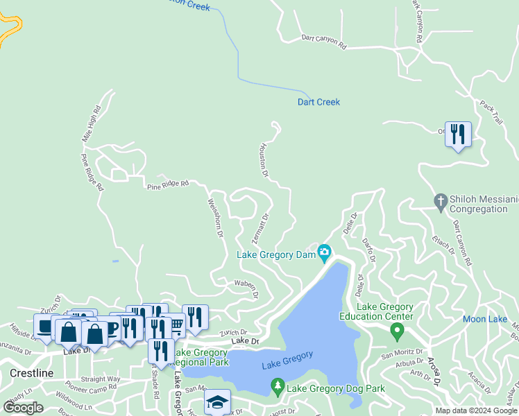 map of restaurants, bars, coffee shops, grocery stores, and more near 163 Wylerhorn Drive in Crestline