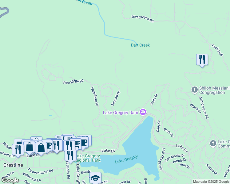 map of restaurants, bars, coffee shops, grocery stores, and more near 163 Wylerhorn Drive in Crestline