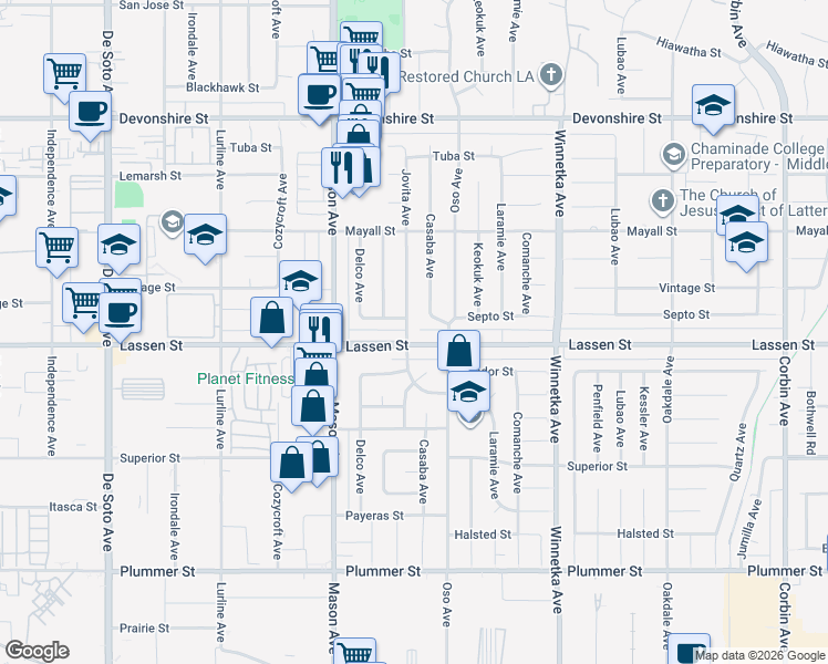 map of restaurants, bars, coffee shops, grocery stores, and more near 9931 Casaba Avenue in Los Angeles