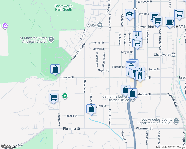 map of restaurants, bars, coffee shops, grocery stores, and more near 22333 Lassen Street in Los Angeles