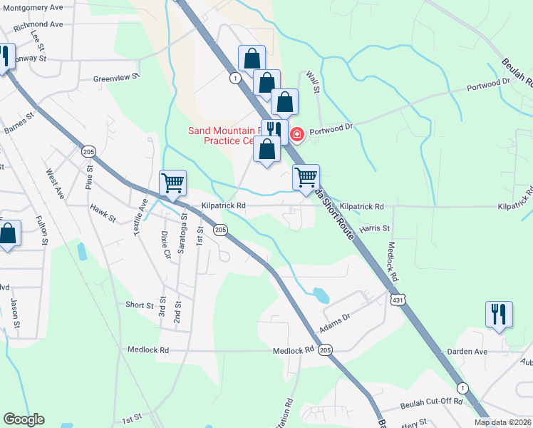 map of restaurants, bars, coffee shops, grocery stores, and more near 1102 Kilpatrick Road in Albertville