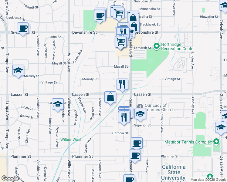 map of restaurants, bars, coffee shops, grocery stores, and more near 18611 West Lassen Street in Los Angeles