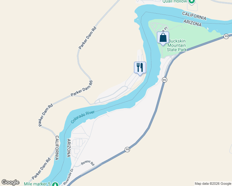 map of restaurants, bars, coffee shops, grocery stores, and more near 451 Parker Dam Road in Earp