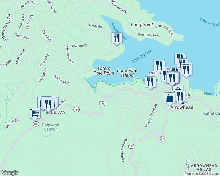map of restaurants, bars, coffee shops, grocery stores, and more near 193 Rocky Point Road in Lake Arrowhead