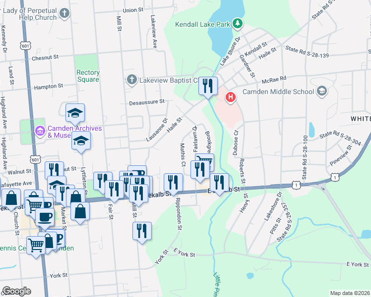 map of restaurants, bars, coffee shops, grocery stores, and more near 1129 Mathis Court in Camden