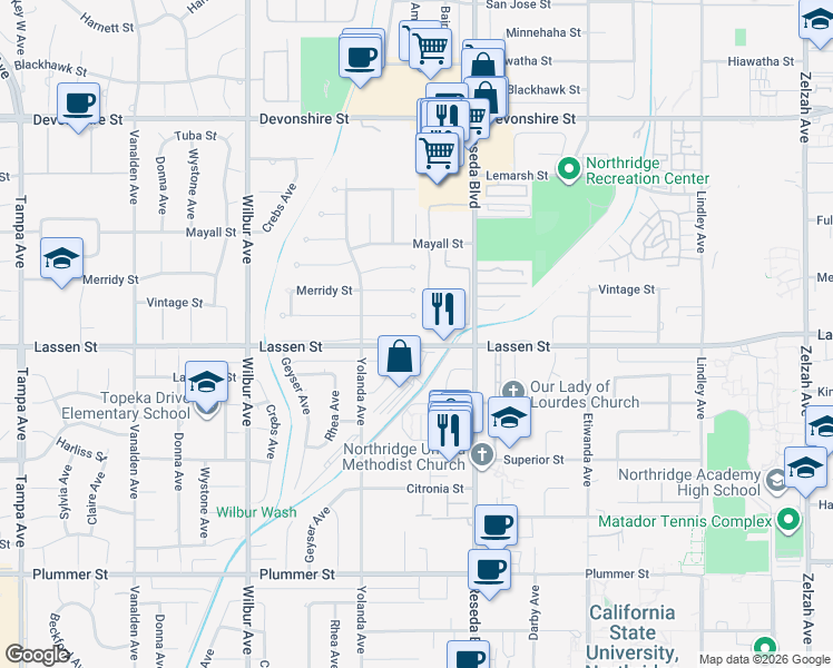 map of restaurants, bars, coffee shops, grocery stores, and more near 18617 Vintage Street in Los Angeles
