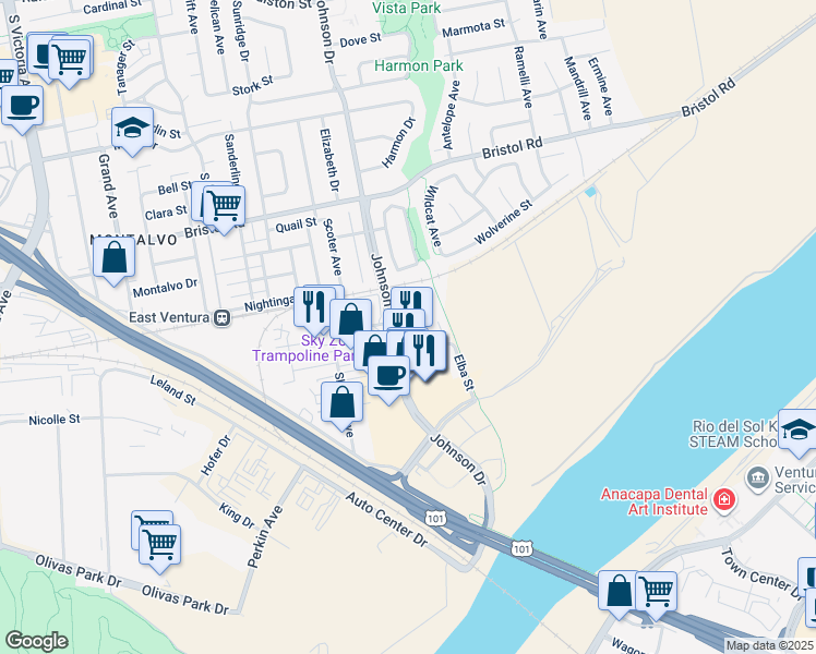 map of restaurants, bars, coffee shops, grocery stores, and more near 2686 Johnson Drive in Ventura