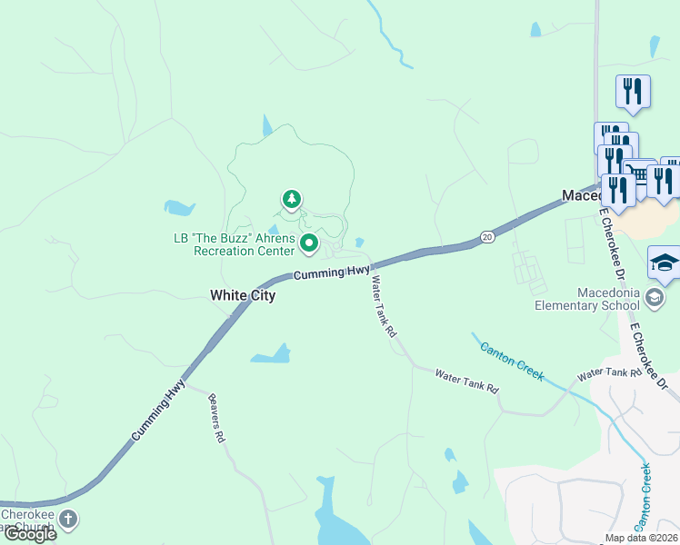 map of restaurants, bars, coffee shops, grocery stores, and more near 7399 Cumming Highway in Canton