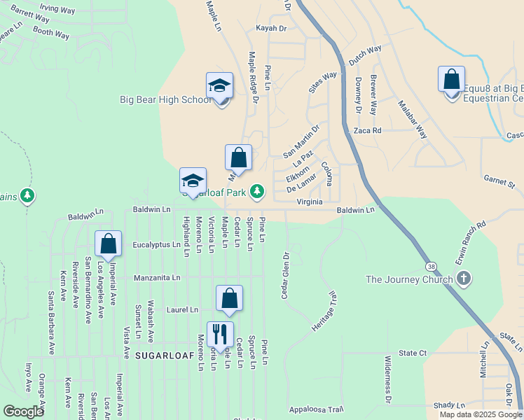 map of restaurants, bars, coffee shops, grocery stores, and more near 2 Pine Lane in Big Bear