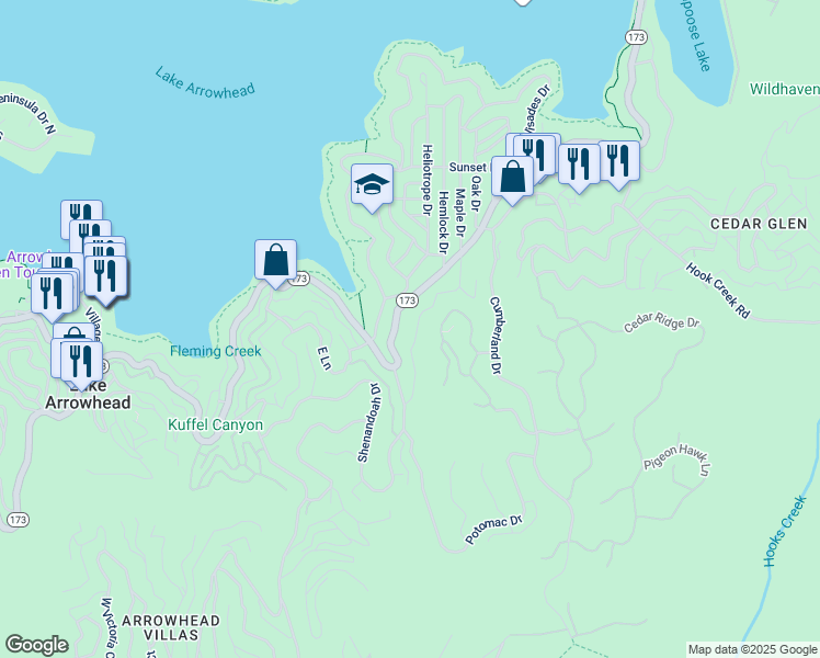 map of restaurants, bars, coffee shops, grocery stores, and more near 164 Fremont Road in Lake Arrowhead