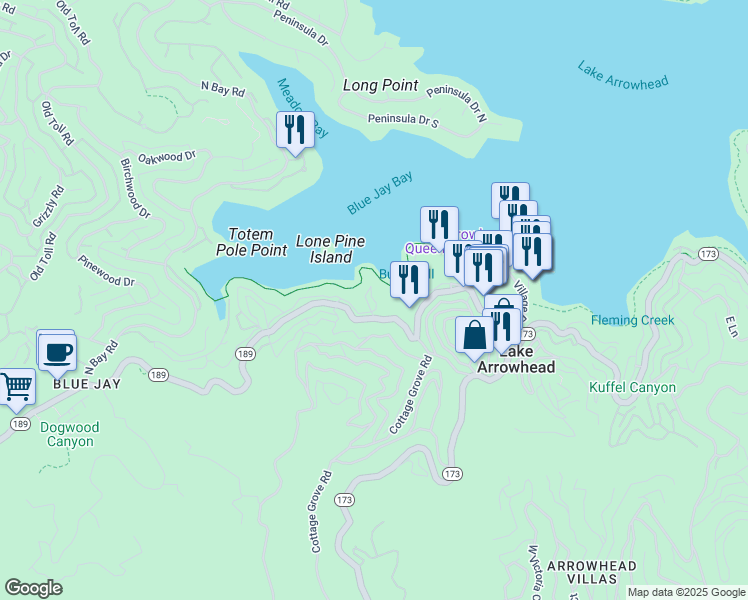 map of restaurants, bars, coffee shops, grocery stores, and more near 190 Cedar Circle in Lake Arrowhead