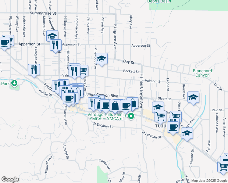 map of restaurants, bars, coffee shops, grocery stores, and more near 10015 Fairgrove Avenue in Los Angeles