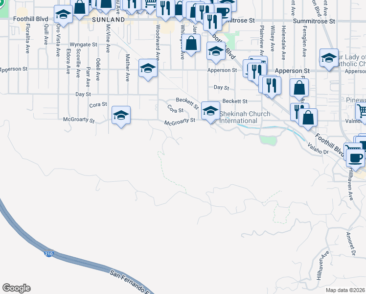 map of restaurants, bars, coffee shops, grocery stores, and more near 7916 Glenties Lane in Los Angeles