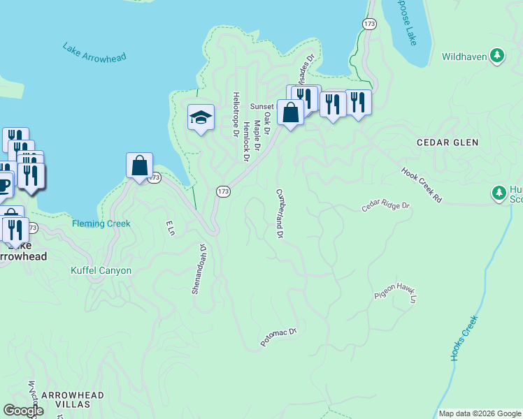map of restaurants, bars, coffee shops, grocery stores, and more near 175 Mill Pond Road in Lake Arrowhead