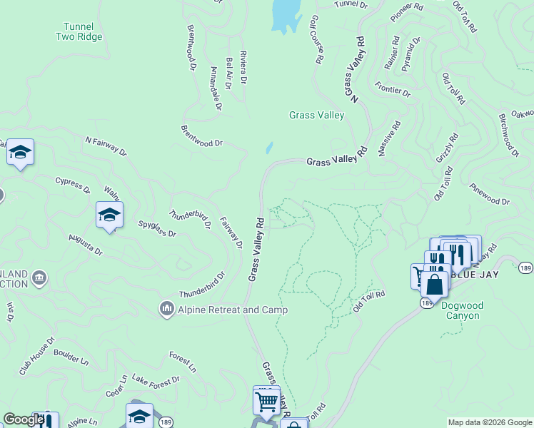 map of restaurants, bars, coffee shops, grocery stores, and more near 139 South Grass Valley Road in Lake Arrowhead