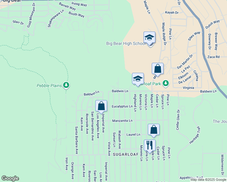 map of restaurants, bars, coffee shops, grocery stores, and more near 2 Baldwin Lane in Big Bear