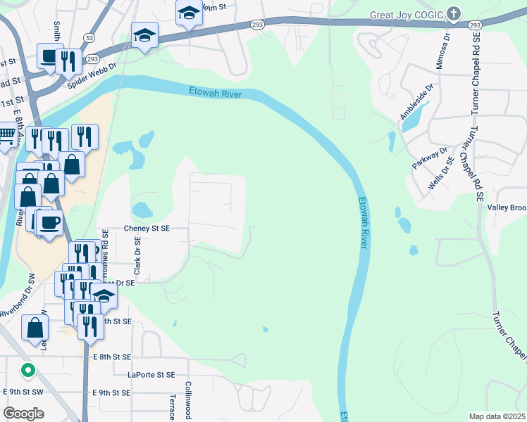 map of restaurants, bars, coffee shops, grocery stores, and more near 518 Cooper Dr SE in Rome