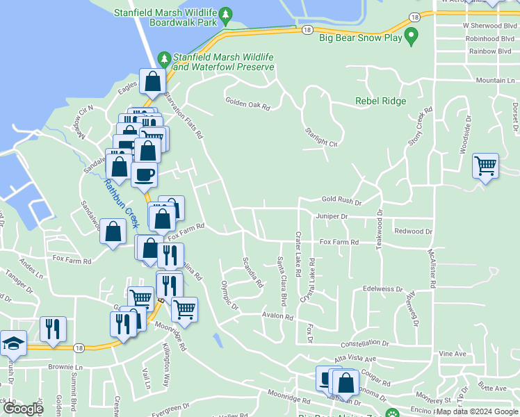 map of restaurants, bars, coffee shops, grocery stores, and more near 42441 Juniper Dr in Big Bear City