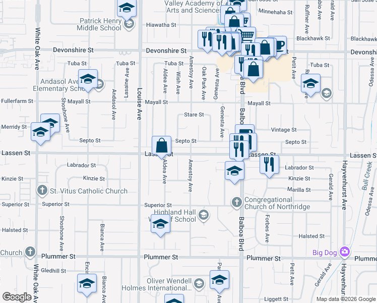 map of restaurants, bars, coffee shops, grocery stores, and more near 17149 Lassen Street in Los Angeles