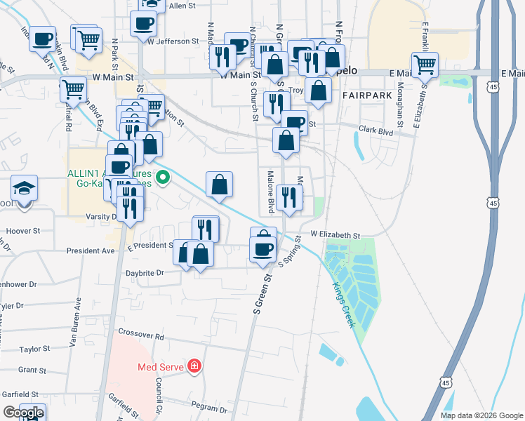 map of restaurants, bars, coffee shops, grocery stores, and more near 777 South Church Street in Tupelo