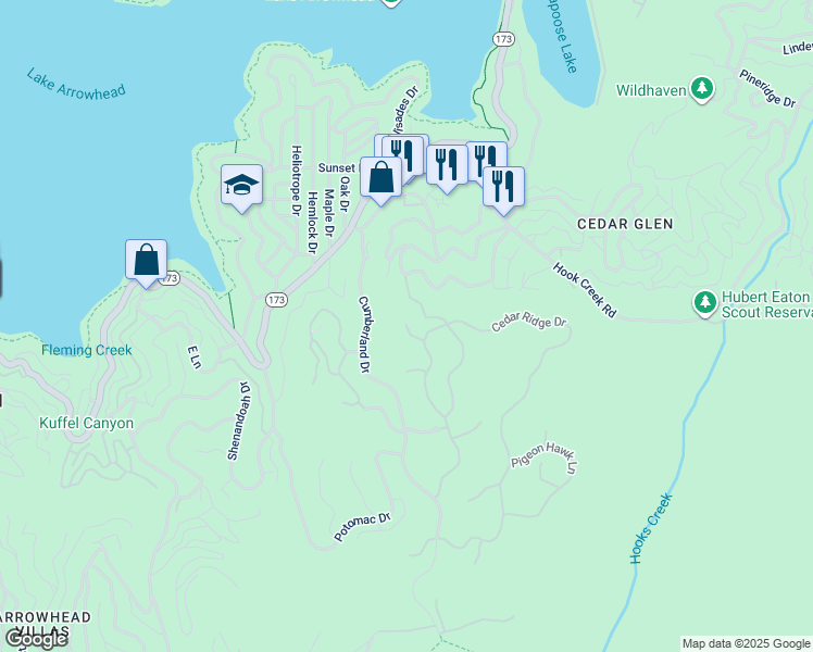 map of restaurants, bars, coffee shops, grocery stores, and more near Lakeview Drive in Lake Arrowhead