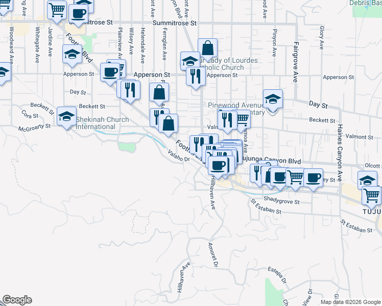 map of restaurants, bars, coffee shops, grocery stores, and more near 7324 Elmo Street in Los Angeles