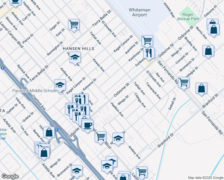 map of restaurants, bars, coffee shops, grocery stores, and more near 12983 Sunburst Street in Los Angeles