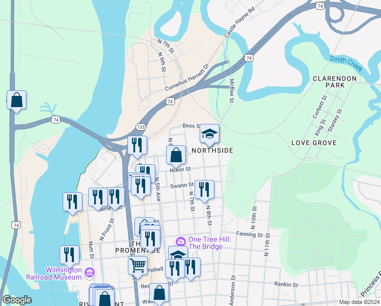 map of restaurants, bars, coffee shops, grocery stores, and more near 717 Taylor St in Wilmington