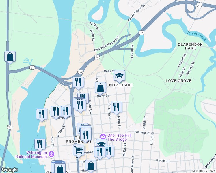 map of restaurants, bars, coffee shops, grocery stores, and more near 717 Taylor St in Wilmington