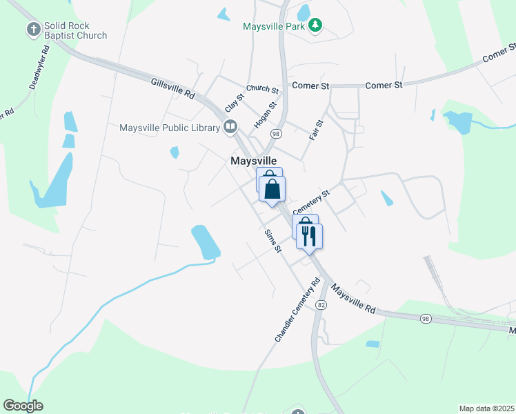 map of restaurants, bars, coffee shops, grocery stores, and more near 362 Sims Street in Maysville