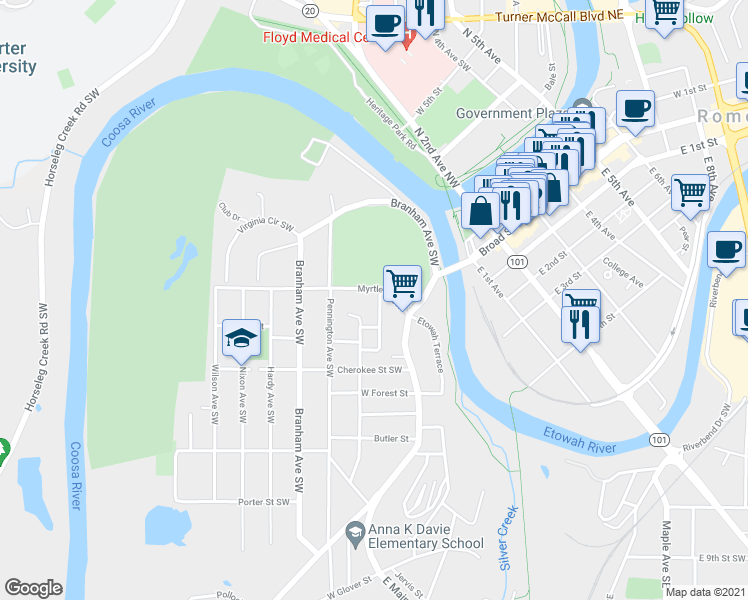map of restaurants, bars, coffee shops, grocery stores, and more near 6 Klassing Street Southwest in Rome